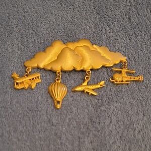 Whimsical Vintage JJ Signed Goldtone Cloud Brooch with Aviation Charms